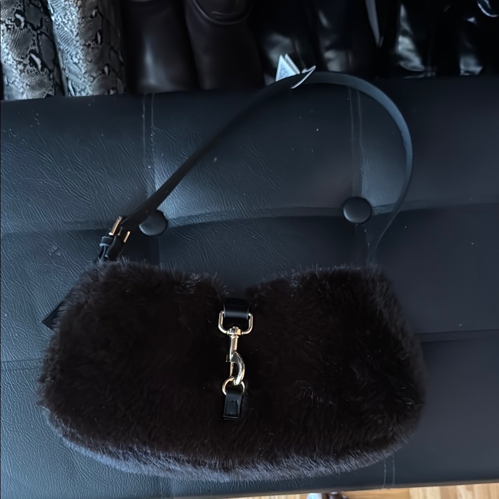 Faux Fur Shoulder Bag with Black Strap